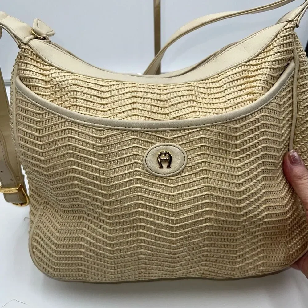 Etienne Aigner Vintage Cream Basket Weave Straw Handbag Neutral Purse